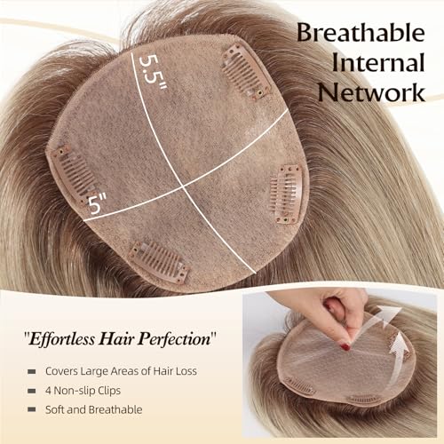 5.5"¡¿5" Human Hair Toppers 12 inches for Women,100% Remy Human Hair with 4 Non-slip Clips and Large-area Simulation Scalp Base,Top Hairpieces for Women with Thin Hair(Ombre Gray)