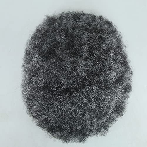 ZigZag Hair Afro Toupee for Black Men 1B Mix 50% Grey Fluffy Explosion Tight Afro Curly Mens Toupee Human Hair Short Hair Mono with PU Men's Wig 8x10inch Mens Hair Systems Hairpiece (1B Mix 50% Grey)