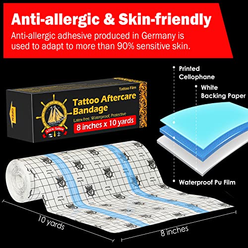 AZEN Tattoo Aftercare Bandage, 8"x 10 Yard, Tattoo Waterproof Bandage, Second Skin Tattoo Cover up Tape, Tattoo Healing Wrap, Tattoo Wrap, Tattoo Tape, Tattoo Supplies