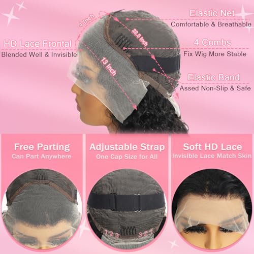 30 Inch Water Wave Lace Front Wigs Human Hair 10A Deep Curly 13x4 HD Transparent Lace Front Wigs Pre Plucked Glueless Wigs Human Hair for Women 180% Density (Natural Color)