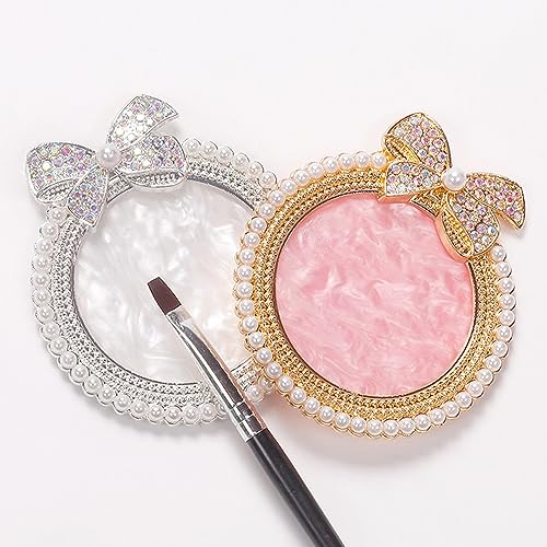 Resin Nail Art Palette, Nail Art Painting Mixed Color Palette, Bow Decorated with Rhinestones and Pearls Nail Art Display Board (Golden)