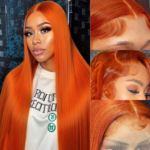 32 Inch Ginger Orange Wig Human Hair 13X6 Lace Front Wigs Human Hair 200% Density 350 Colored Straight HD Transparent Lace Frontal Wigs Brazilian Virgin Wigs for Women Pre Plucked