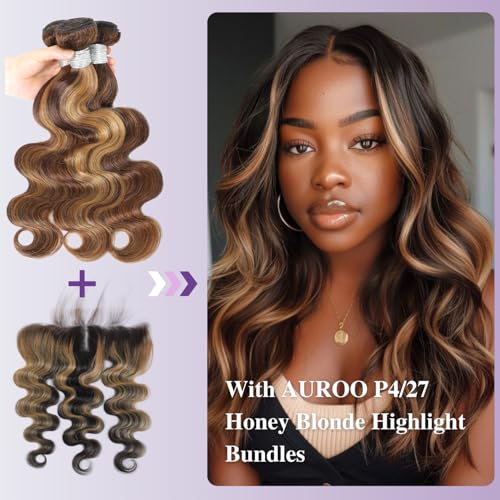 13x4 Honey Blonde Highlight Frontal Closure Only Human Hair Body Wave, 12A Virgin Ombre Skunk Stripe HD Transparent Ear to Ear Lace Frontal Closure Human Hair Pre Plucked (150% Density, 12 Inch)