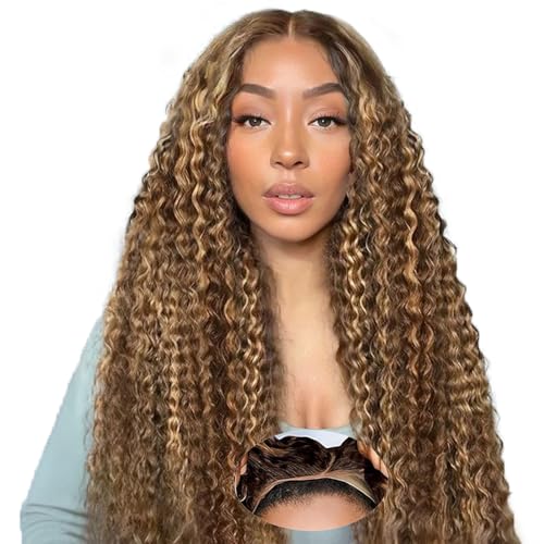 Ombre Highlight Glueless Wigs Human Hair Pre Plucked Pre Cut Curly Closure Wear and Go Glueless Wigs Human Hair Middle Part Balayage Water Wave Lace Frontal Human Hair Wigs for Black Women 4/27 22Inch
