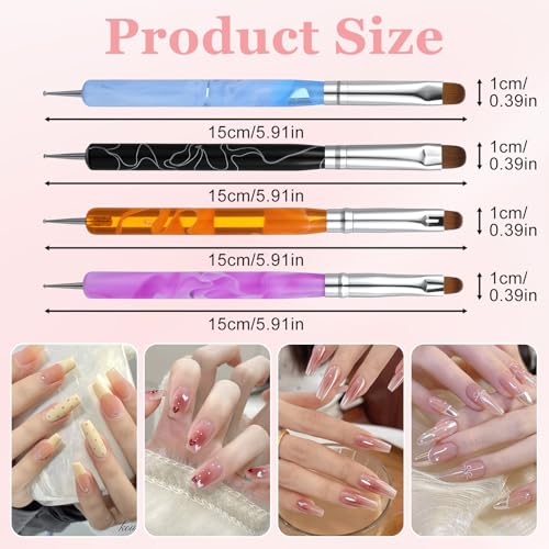 4 Pcs French Tip Brush Nail Art Brush Tools for Builder Gel Dotting Tools Kit Design Nail Polish Supplies Professional Manicure Cuticle Clean Up Small Detail Painting 3D Acrylic Brushes