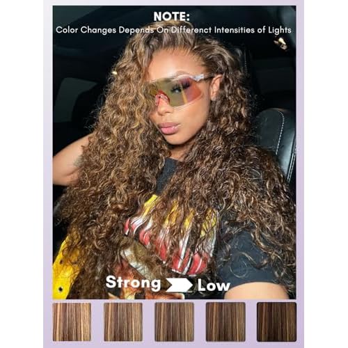 Honey Blonde Highlight Deep Wave 13x4 Lace Frontal Closure Only Human Hair 20In, 12A Virgin 100% Hand Tied Ear to Ear Ombre Brown HD Transparent Frontal Pre Plucked P4/27 Curly Lace Frontal Remy