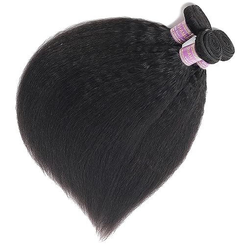 Kinky Straight Human Hair 3Bundles Natural Black Yaki Straigh Brazilian Virgin Remy Hair Grade 10A 100% Unprocessed Kinky Straight Human Hair Extensions (18 20 22 Inch, 3 Bundles)