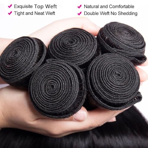 10A Brazilian Straight Human Hair Bundles with 2x6 Closure 20 22 24+18 Inch 100% Unprocessed Straight Virgin Hair Weave Bundles Human Hair with 2x6 HD Lace Closure