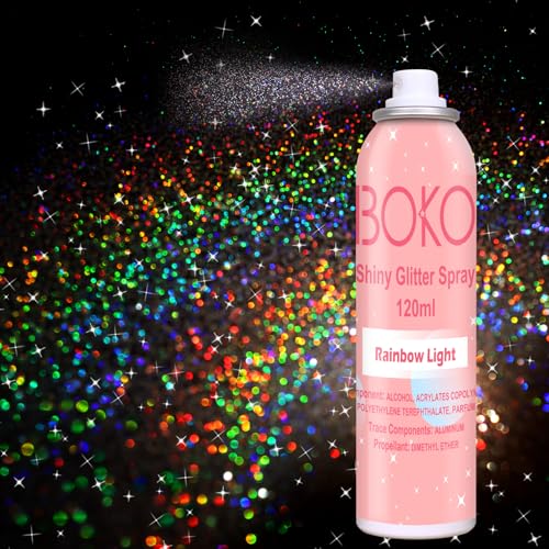 Boko Body Glitter Spray, 120ML Holographic Silver Shiny Glitter Spray for Body Hair Clothes, Quick-Drying and Long-Lasting Body Shiny Glitter Hairspray for Festival Party Concert Rave Accessories