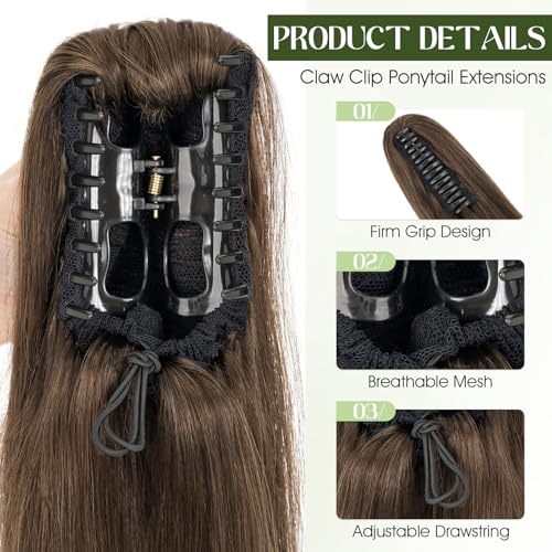 Ponytail Extension, 22 Inch Claw Clip Ponytail Extension Human Hair Long Straight Jaw Clip in Real Hair Pony Tails Hairpieces for Women Chocolate Brown