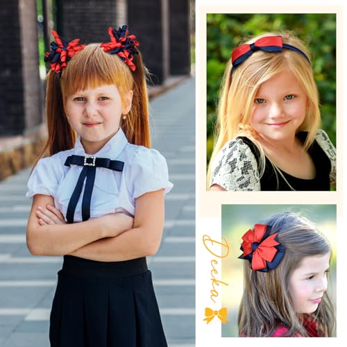 DEEKA Navy Blue & Red School Hair Accessories Set 13 Pcs Uniform Hair Bow Headband Clips Hair Ties Curly Korker Bows for Little Toddler School Girls (Navy Blue&Red)