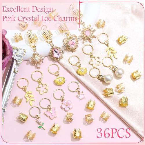 36PCS Pink Crystal Hair Jewelry Butterfly Braids Clips Flower Loc Jewelry Pearl Hair Charms Gold Hair Cuffs Rings Metal Dreadlock Beads Multi Style Braids Accessories for Women and Girls