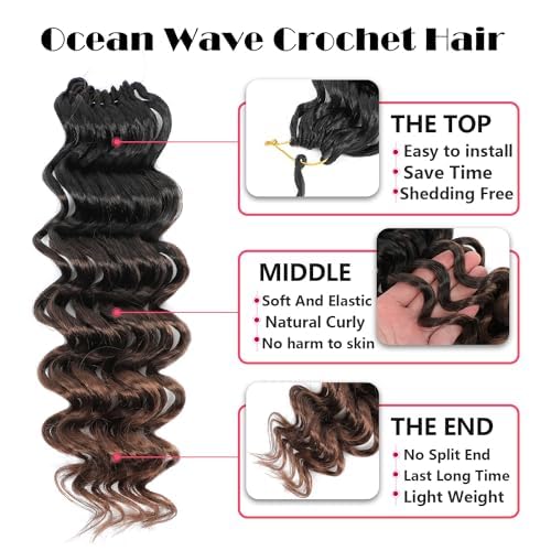 Ocean Wave Crochet Hair 14 Inch 8 packs Deep Wave Crochet Hair Synthetic Curly Crochet Braiding Hair for Black Women (14 Inch, 8 packs, 1B/4/30)