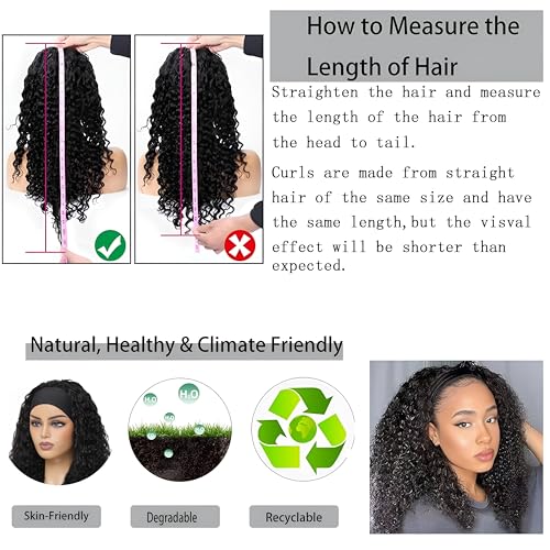 Curly Headband Wig Human Hair 26Inch Human Hair Headband Wig Glueless Wear and Go Human Hair Scarf None Lace Front Wigs 150% Density Natural Color