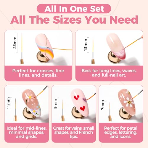UNA GELLA Nail Art Brushes Metallic, 5 Count Liner Pens Set For Nail Art Gel Polish, Detail Nail Art Design Painting Brush Set For Nails Gel Fine Drawing Nail Tools, Sizes 7/9/11/15/25mm