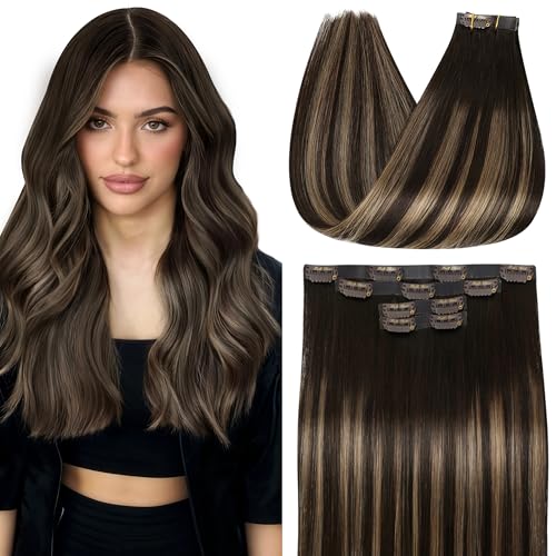 Full Shine Balayage Brown Clip In Hair Extensions, Ombre Brown Higlight Blonde, Invisible Seamless Hair Extensions Clip In, Remy Pu Weft Fill Ins For Thin Hair Add Volume, 4 Pcs 22 Inch 95G