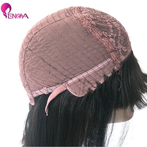 Enoya Bob Wig Human Hair Wear and Go Glueless None Lace Front Wigs with Bangs, Light Yaki Straight Full Machine Made Wig 180% Density Short Bob Wigs for Black Women (10" Color #1)