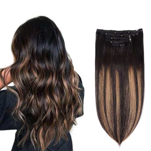 5 Pieces 22" Remy Clip in Hair Extensions Human Hair Natural Black to Chestnut Brown Highlight Ombre - Silky Straight Short Thick Real Hair Extensions for Women (22 inches, (1BT6) P1B, 110grams)