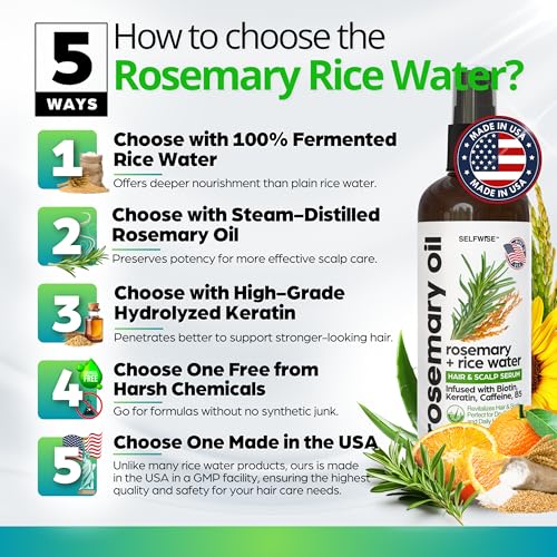 Rosemary Oil and Rice Water Hair Growth Spray - Serum with Biotin, Keratin, Caffeine, Vitamins C & B5 for Hair Mask, Hair Care, Scalp Treatment, Thickening Dry Damaged Hair for Women & Men 12oz