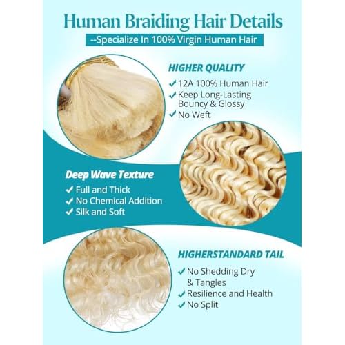 160g 5 Bundles/Pack 613 Blonde Human Braiding Hair for Boho Braids 20 Inch Curly Boho Hair for Braiding Knotless 12A Deep Wave Bulk Bohemian Color 613