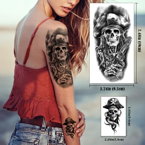 77 Sheets Pirate Temporary Tattoos Adult Men Kids Captain Pirate Ships Flag Sailor Anchor Sailboat Skull Fake Tattoos, Pirates Stickers for Costume Dress Up Makeup Party Accessories