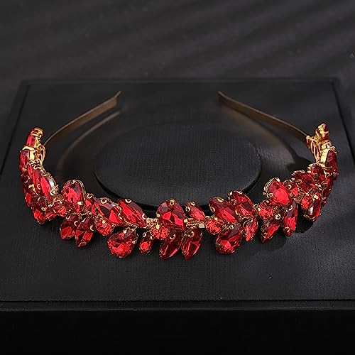 Teyglen Crystal Wedding Crown Bridal Red Rhinestone Tiara Headband Full Blue Black Pink Pieces Handmade Rhinestone Headpieces Hair Accessories for Women Party Prom Birthday (Red)