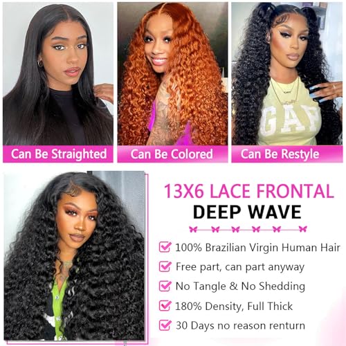Deep Wave Lace Front Wigs Human Hair 180% Density 13x6 HD Lace Front Human Hair Wigs Deep Curly Frontal Wigs Pre Plucked with Baby Hair 28 Inch