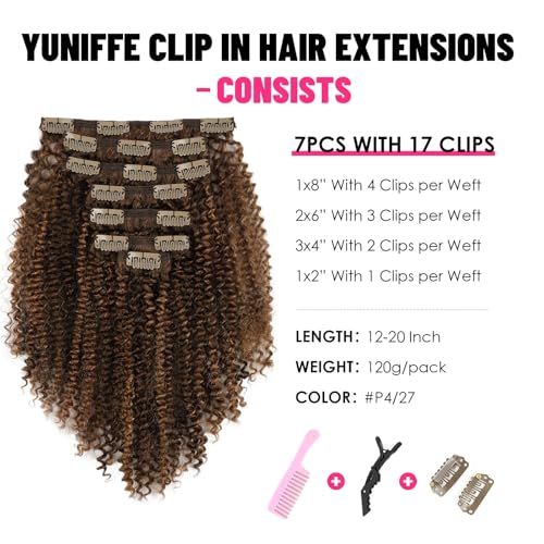 Curly Clip in Hair Extensions Real Human Hair Kinky Curly Clip ins Black Women #P4/27 Drak Brown Highlight Blonde Remy Human Hair Extensions Double Weft 7Pcs 120g 20 Inch