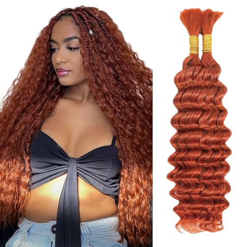 Boho Human Hair for Braiding 24 Inch Ginger #350 - 2 Bundles 100g Deep Wave Bulk for Knotless Braids (Curly, #350, 24 Inch)