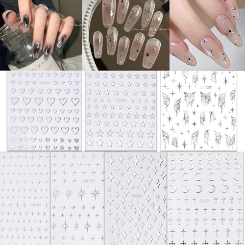 NOOEPC 7 Sheets Metallic Mirror Silver Nail Stickers Art Women 3D Star Nail Stickers Decals for Self-Adhesive CharmsY2k Butterfly Nail Art Stickers