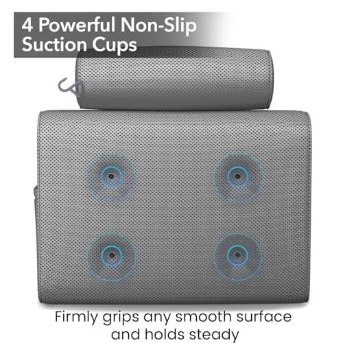 Everlasting Comfort Luxury Bath Pillows for Tub with Head and Neck Support - Non-Slip Bathtub Pillow with Suction Cups, Quick-Drying Mesh & Drying Hook - Jacuzzi & Spa Accessories for Women - Gray