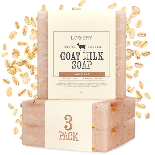 LOVERY Gifts for Women, Handmade Goat Milk Soap Made in USA With Organic Shea Butter - Oatmeal Goats Soap Bar, All Natural Soap Bar Made with Organic Goat Milk - 3 Pack