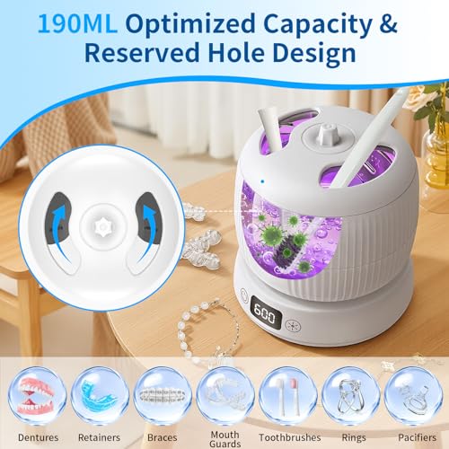 2025 Upgraded Ultrasonic Retainer Cleaner Machine,Separate Retainer Cleaner for Night Guards, Braces, Aligner, Jewelry, 4 Modes Denture Cleaner & Removable Base and Top Cover(White)