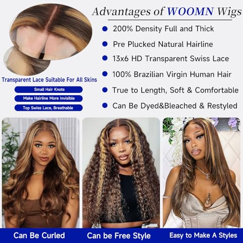 Highlight Ombre 13x6 Lace Front Wigs Human Hair Straight HD Lace Frontal Wigs Pre Plucked Tangle-Free 200 Density 4/27 Colored Real Virgin Human Hair Wig Invisilbe Hairline Tiny Knots 24 Inch
