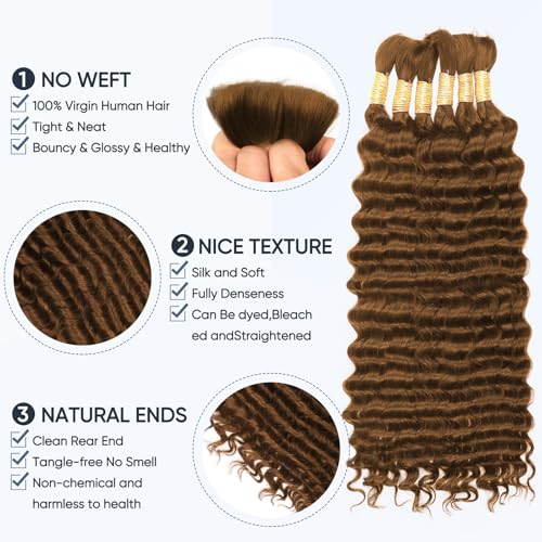 Brown Human Braiding Hair for Boho Braids,150g 24 Inch 6 Bundles # 30 Deep Water Wave Bulk Boho Curly Human Hair Bundle for Braiding,12 A Auburn No Weft Wet and Wavy Knotless Braiding Hair Extensions