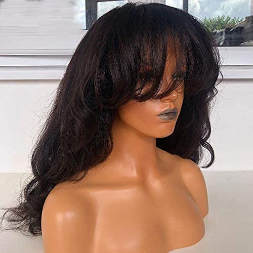 200% Yaki Wavy Human Hair Wigs with Bangs Full Machine Made Wig Brazilian Virgin Human Hair Yaki Wave Wig Scalp Top Wig For Black Women Natural Color 20 Inch