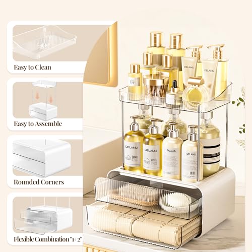 Delamu Bathroom Counter Organizer 2-Drawers 2-Tier Acrylic Makeup Organizer for Vanity Countertop, Skincare Perfume Storage, Easy Assembly, Ideal Gift for Women, Bath Linen Sets, Clear