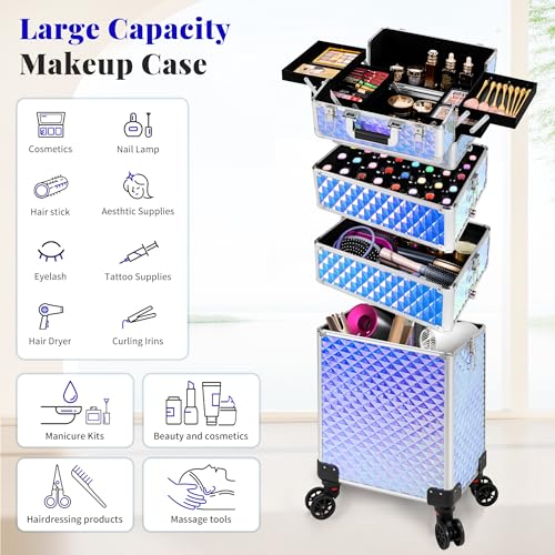 AROUS Rolling Makeup Train Case 4 in 1 Cosmetology Case on Wheels Large Storage Cosmetic Trolley with Key Salon Barber Case Traveling Cart Trunk, Colorful