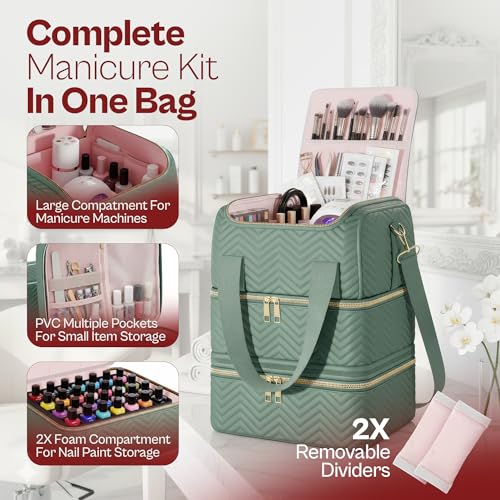 Castal Nail Polish Organizer Bag?3-Layer Nail Organizers and Storage Bag with Detachable Bottom Section?Holds 84 Bottles?Embroidered Nail Polish Case Organizer with Luggage Strap & Card Slot?Teal
