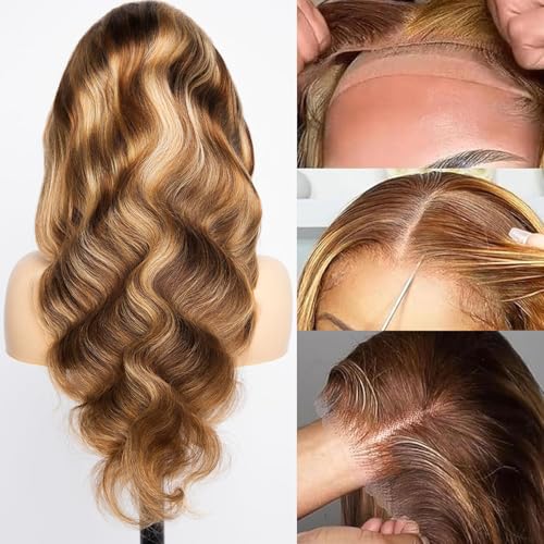 28 Inch Ombre Highlight Lace Front Wigs Human Hair Pre Cut 5X5 Glueless #4/27 Honey Blonde Body Wave Wigs for Women Pre Plucked with Baby Hair Lace Closure wig 200% Density