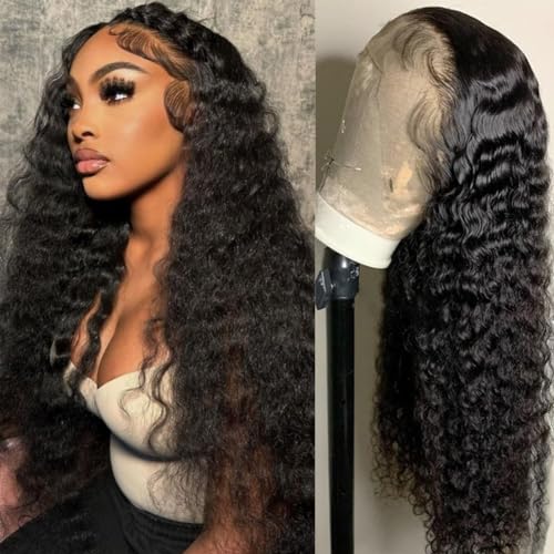 13x4 Deep Wave Lace Front Wigs Human Hair 180% Density Deep Curly Wigs for Women Brazilian Wig HD Transparent Lace Human Hair with Baby Hair Glueless Wig Natural Black 30 Inch