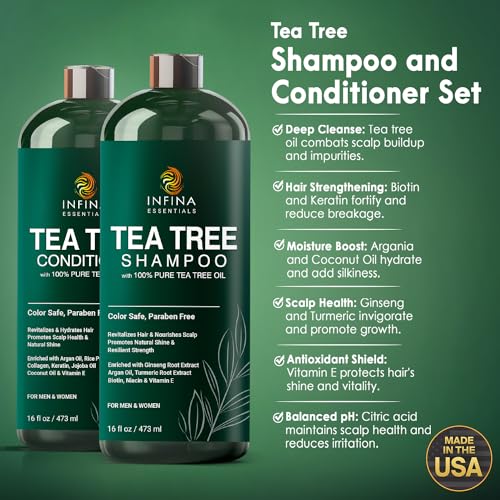 Tea Tree Shampoo and Conditioner Set - Deep Cleansing, Strengthening and Shine-Boosting Formula for Dry Scalp - For Men & Women - 16 fl oz each