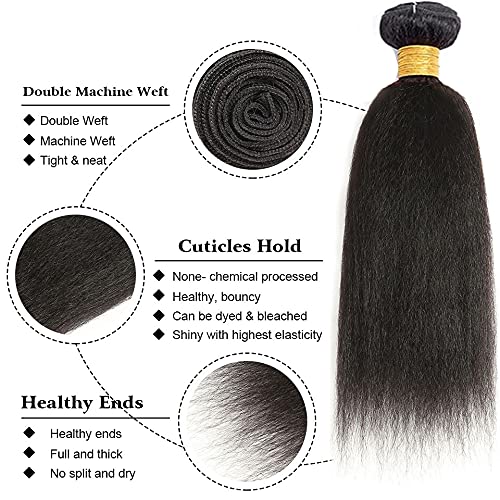 Kinky Straight Bundles Human Hair 16 18 20 Inch #1B Natural Black Yaki Straight Bundle Human Hair Extensions Unprocessed Virgin Remy Hair 3 Bundle 50 Gram Per Bundle