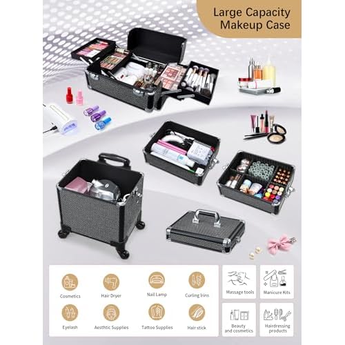 Costravio 5 in 1 Rolling Makeup Case on Wheels Large Cosmetology Case Organizer Beauty Cosmetic Train Case Travel Nail Cart for Make-up Studio Hair Salon, Black Rhinestone