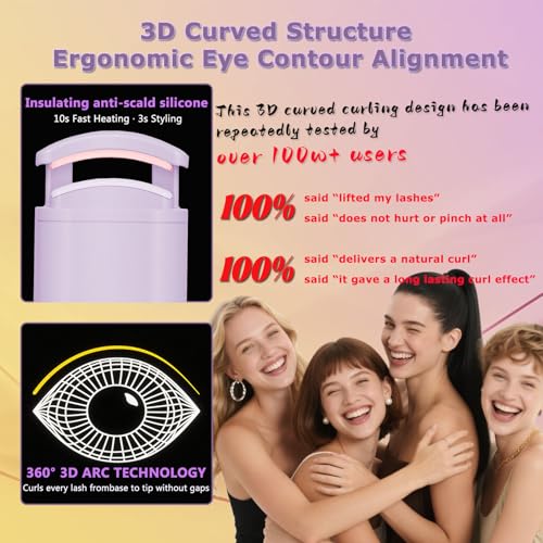 Heated Eyelash Curler - Wide Open Dual-Arc Design Heated Lash Curler - Electric Eyelash Curler - Type-C Rechargeable Mini Lash Curler Natural Curling 24H Long Lasting for Women - Purple