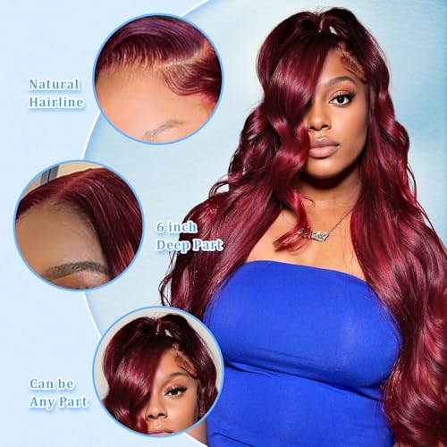 13x6 Burgundy Body Wave Lace Front Wigs Human Hair Pre Plucked 200% Density 99j Burgundy Wig Human Hair HD Lace Front Wig Glueless Red Wigs for Black Women Human Hair Bleached Knots 30 inch