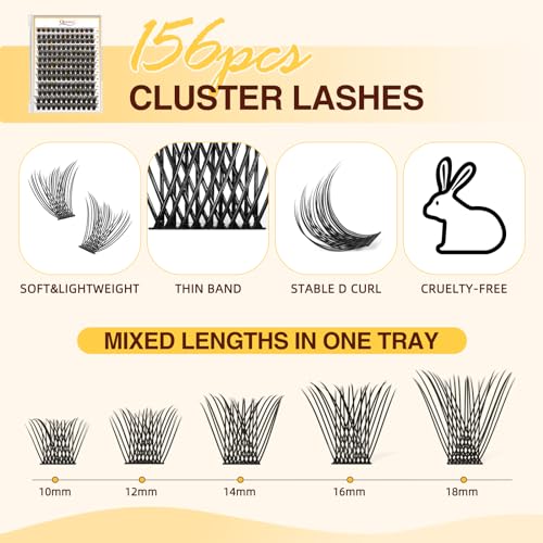 QUEWEL Lash Clusters Kit, 156 PCS Eyelash Clusters Kit D Curl Cluster Lahses Kit Include Mix10-18mm Lash Clusters Lash Bond and Seal Lash Tweezers Lash Cluster Glue Remover(QUBM-MIX10-18)