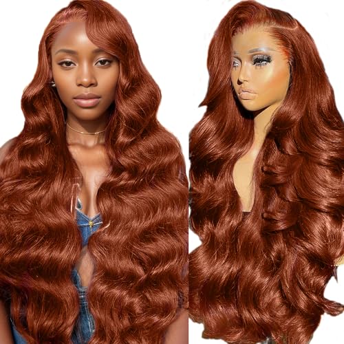 Reddish Brown 200 Density Body Wave HD Lace Frontal Wigs Human Hair 13X6 Lace Front Wigs Human Hair Glueless Wigs Human Hair Pre Plucked Pre Cut for Women 28 Inch