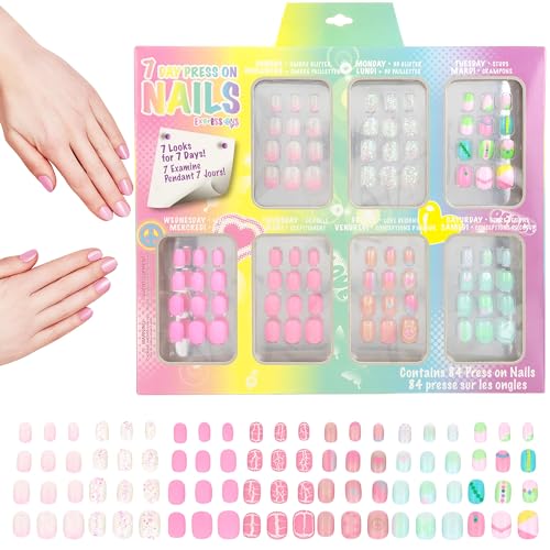 7 Day Manicure Collection - 84PC Press On Nail Set, Day-of-The-Week Adhesive False Nails for Girls (Set of Brights or Pastels) ? Colorful Novelty Designs Stick On Nails for Kids