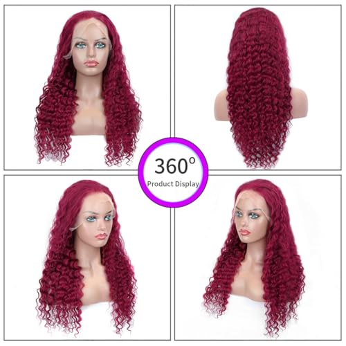 Burgundy Lace Front Wigs Human Hair Wigs for Black Women 13x4 Transparent Lace Frontal Wig 99j Deep Wave Wigs Glueless Wet And Wavy Red Colored Curly Human Hair Wig Pre Plucked (26 Inch)